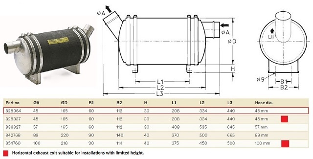 Genuine Volvo Penta 45mm Pipe Dia, Silencer, Wet Exhaust System with angled exhaust exit 828064 - Weight 4kg