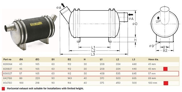 Genuine Volvo Penta 57mm Pipe Dia, Silencer, Wet Exhaust System with angled exhaust exit 838327 - Weight 4kg