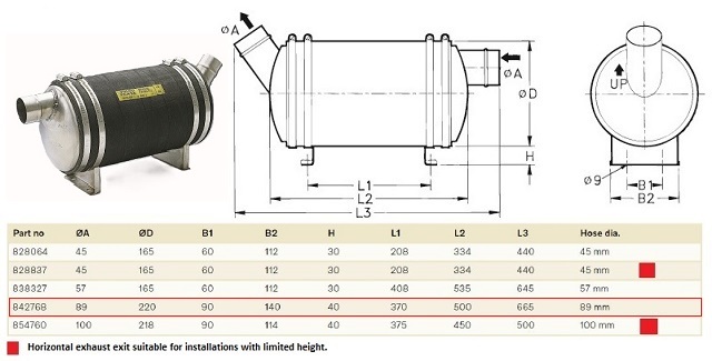 Genuine Volvo Penta 89mm Pipe Dia, Silencer, Wet Exhaust System with angled exhaust exit 842768 - Weight 4kg